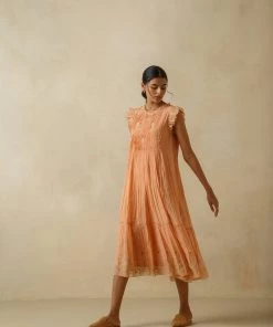 BunaStudio Midi Dresses Tangerine Flutter Sleeves Dress