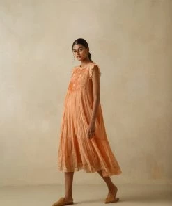 BunaStudio Midi Dresses Tangerine Flutter Sleeves Dress