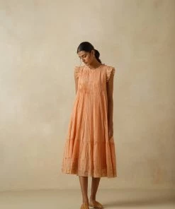 BunaStudio Midi Dresses Tangerine Flutter Sleeves Dress